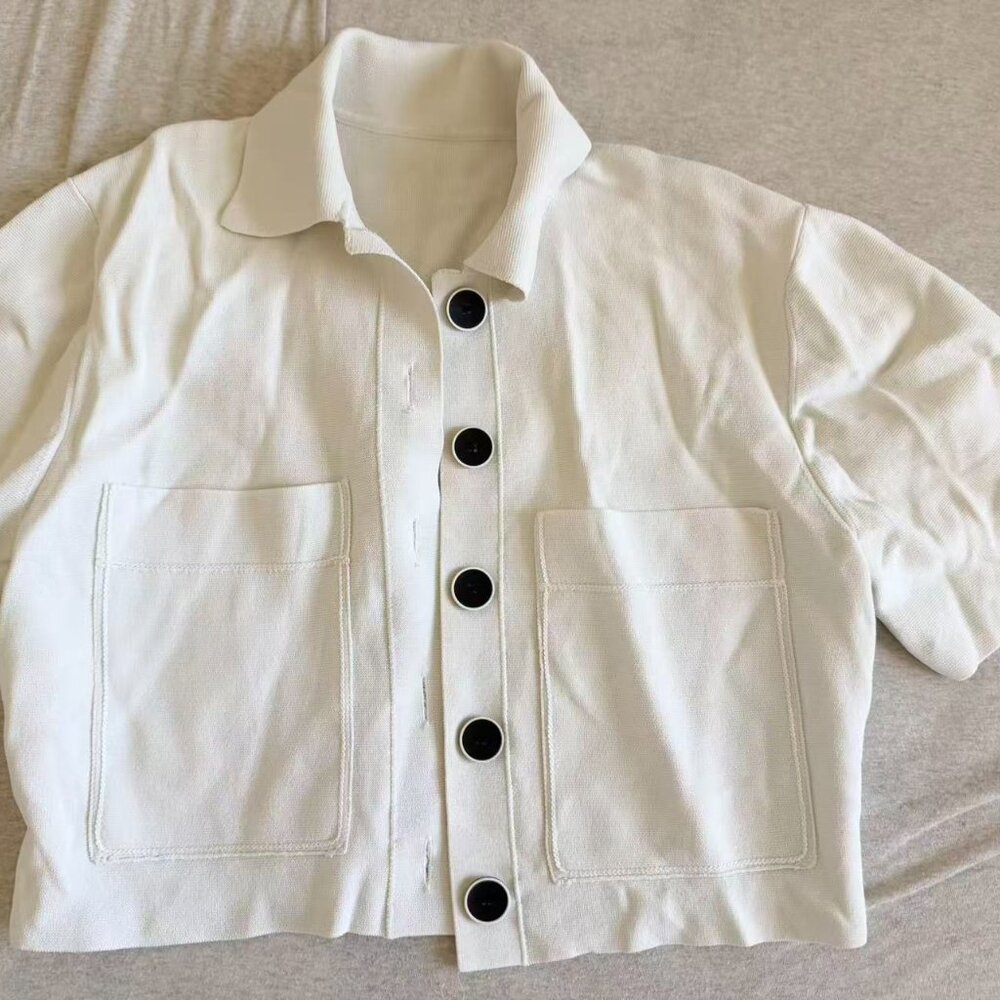 Cropped White Blouse Tops for Women with Big Black Buttons
